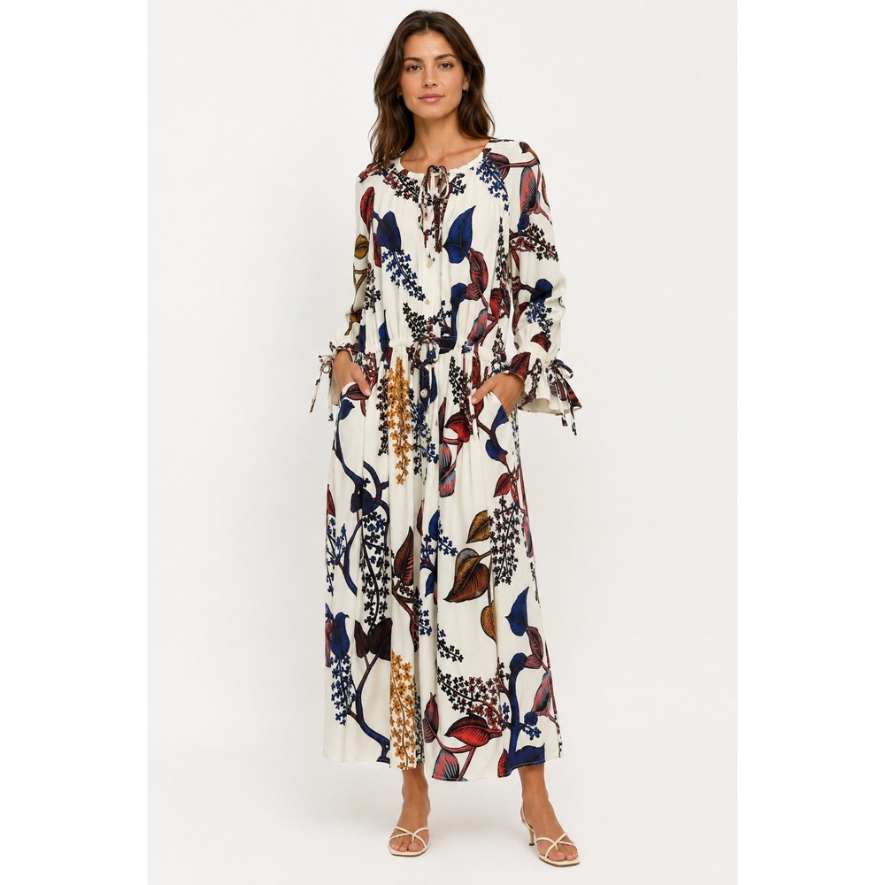 Stine Goya Jacques Floral Crepe Midi Dress M White TieCuff Pocket Modest Maximal